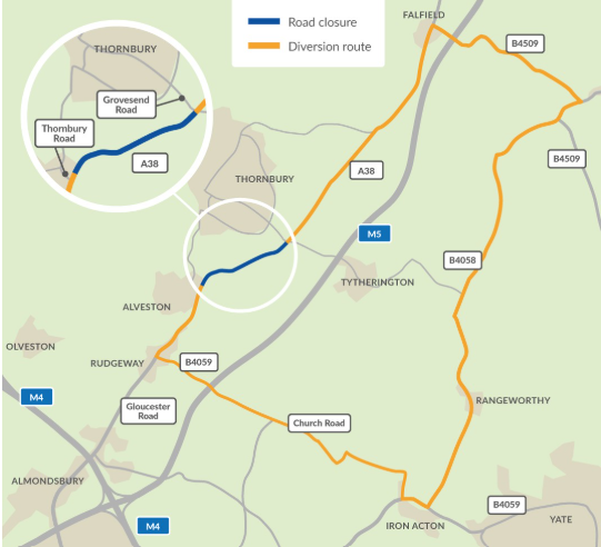 Map of diversion route via Iron Acton, Rangeworthy and Falfield